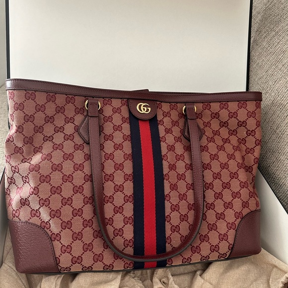 Gucci Monogram Medium Ophidia Shopping Tote Sahara Rubino Burgundy - Picture 1 of 8